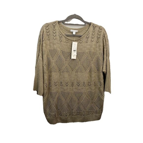 New York & Company Dolman Pointelle Sweater Open Knit Tan Size M - Picture 1 of 9
